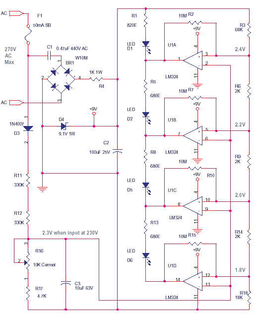 Simple Mains Voltage monitor
            LM324